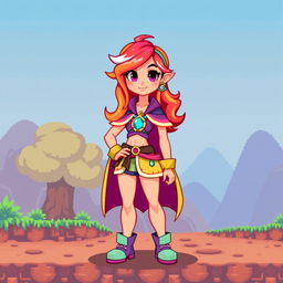 A female game character designed in a vivid 16-bit pixel art style, featuring bright colors and exaggerated proportions typical of retro video games