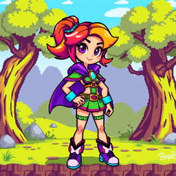 A female game character designed in a vivid 16-bit pixel art style, featuring bright colors and exaggerated proportions typical of retro video games