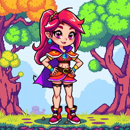 A female game character designed in a vivid 16-bit pixel art style, featuring bright colors and exaggerated proportions typical of retro video games