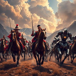 An epic battle scene depicting the Hussars of Junín in traditional 19th-century military attire, charging valiantly on horseback against a squadron of advanced, sleek robots