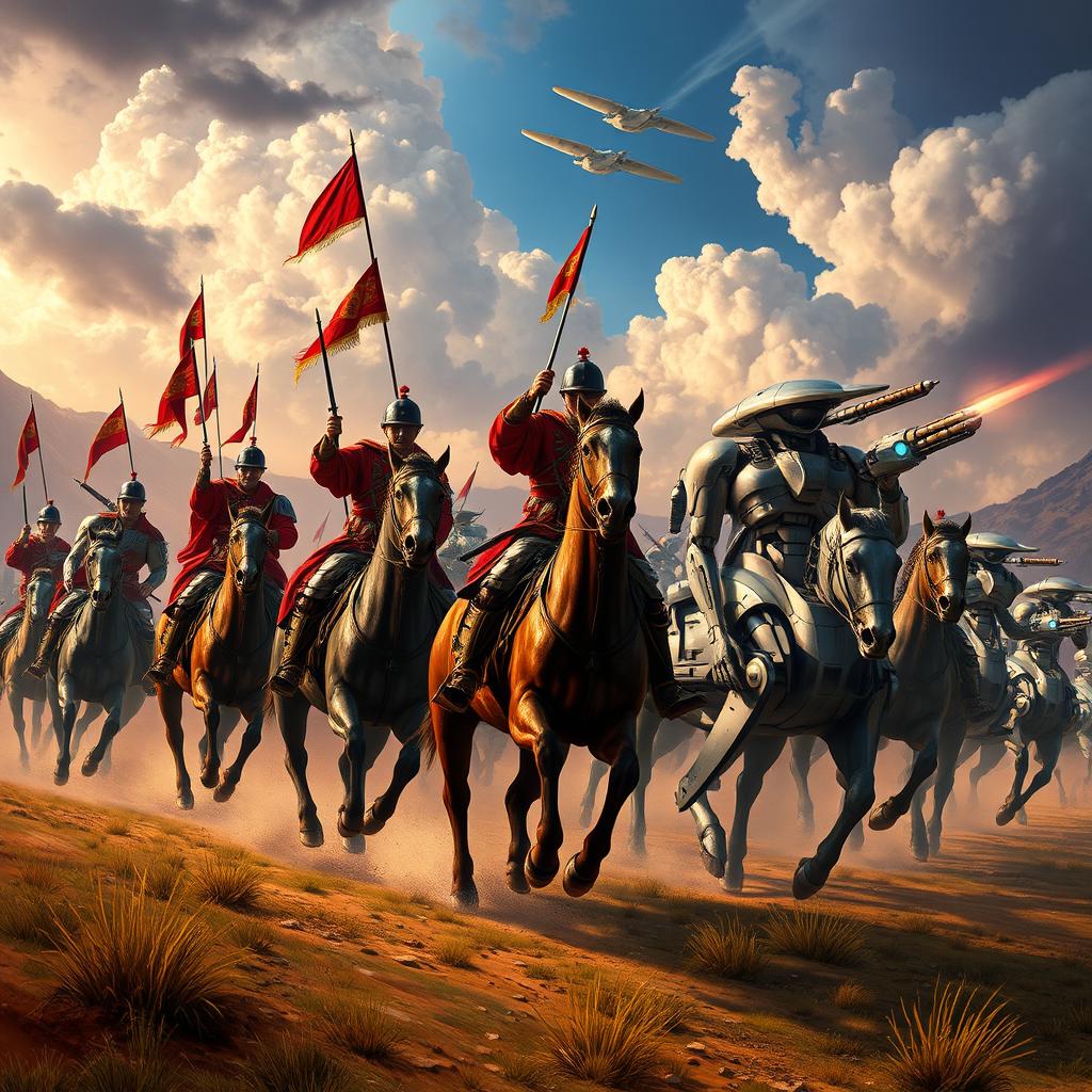 An epic battle scene depicting the Hussars of Junín in traditional 19th-century military attire, charging valiantly on horseback against a squadron of advanced, sleek robots