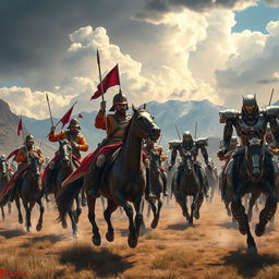 An epic battle scene depicting the Hussars of Junín in traditional 19th-century military attire, charging valiantly on horseback against a squadron of advanced, sleek robots