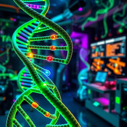 An abstract representation of DNA strands intertwined with vibrant colors, showcasing genetic mutations as bright, colorful anomalies along the helical structure