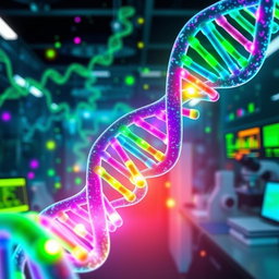 An abstract representation of DNA strands intertwined with vibrant colors, showcasing genetic mutations as bright, colorful anomalies along the helical structure