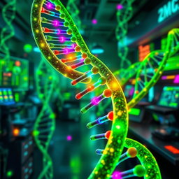 An abstract representation of DNA strands intertwined with vibrant colors, showcasing genetic mutations as bright, colorful anomalies along the helical structure