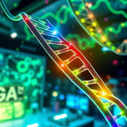 An abstract representation of DNA strands intertwined with vibrant colors, showcasing genetic mutations as bright, colorful anomalies along the helical structure