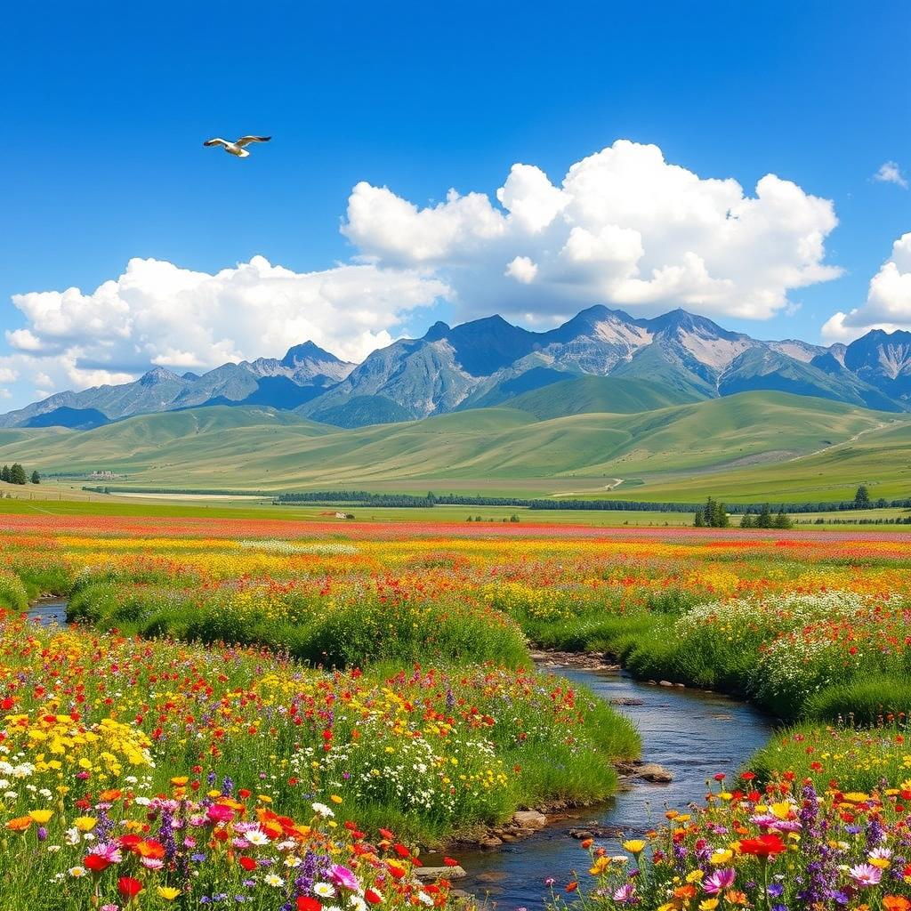 A serene landscape featuring a vast meadow filled with vibrant wildflowers in a spectrum of colors