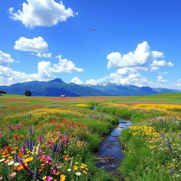 A serene landscape featuring a vast meadow filled with vibrant wildflowers in a spectrum of colors
