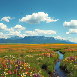 A serene landscape featuring a vast meadow filled with vibrant wildflowers in a spectrum of colors