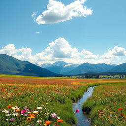 A serene landscape featuring a vast meadow filled with vibrant wildflowers in a spectrum of colors