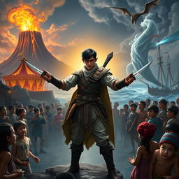 In a stunning fantasy scene, a remarkably handsome half-elf, 25 years old with short black hair, stands heroically, illuminated by a divine glow, surrounded by a group of poor and hungry human children