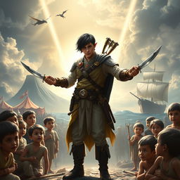 In a stunning fantasy scene, a remarkably handsome half-elf, 25 years old with short black hair, stands heroically, illuminated by a divine glow, surrounded by a group of poor and hungry human children