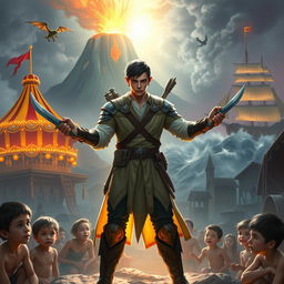 In a stunning fantasy scene, a remarkably handsome half-elf, 25 years old with short black hair, stands heroically, illuminated by a divine glow, surrounded by a group of poor and hungry human children