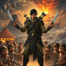 In a stunning fantasy scene, a remarkably handsome half-elf, 25 years old with short black hair, stands heroically, illuminated by a divine glow, surrounded by a group of poor and hungry human children
