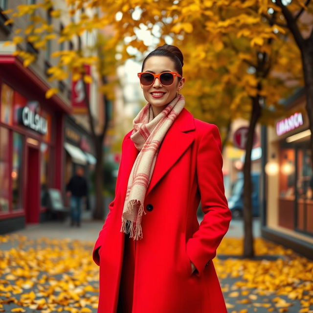 A stylish adult standing confidently in an elegant red coat, captured in a vibrant cityscape during autumn