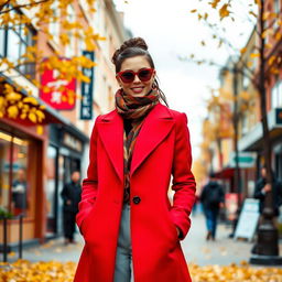 A stylish adult standing confidently in an elegant red coat, captured in a vibrant cityscape during autumn