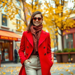 A stylish adult standing confidently in an elegant red coat, captured in a vibrant cityscape during autumn