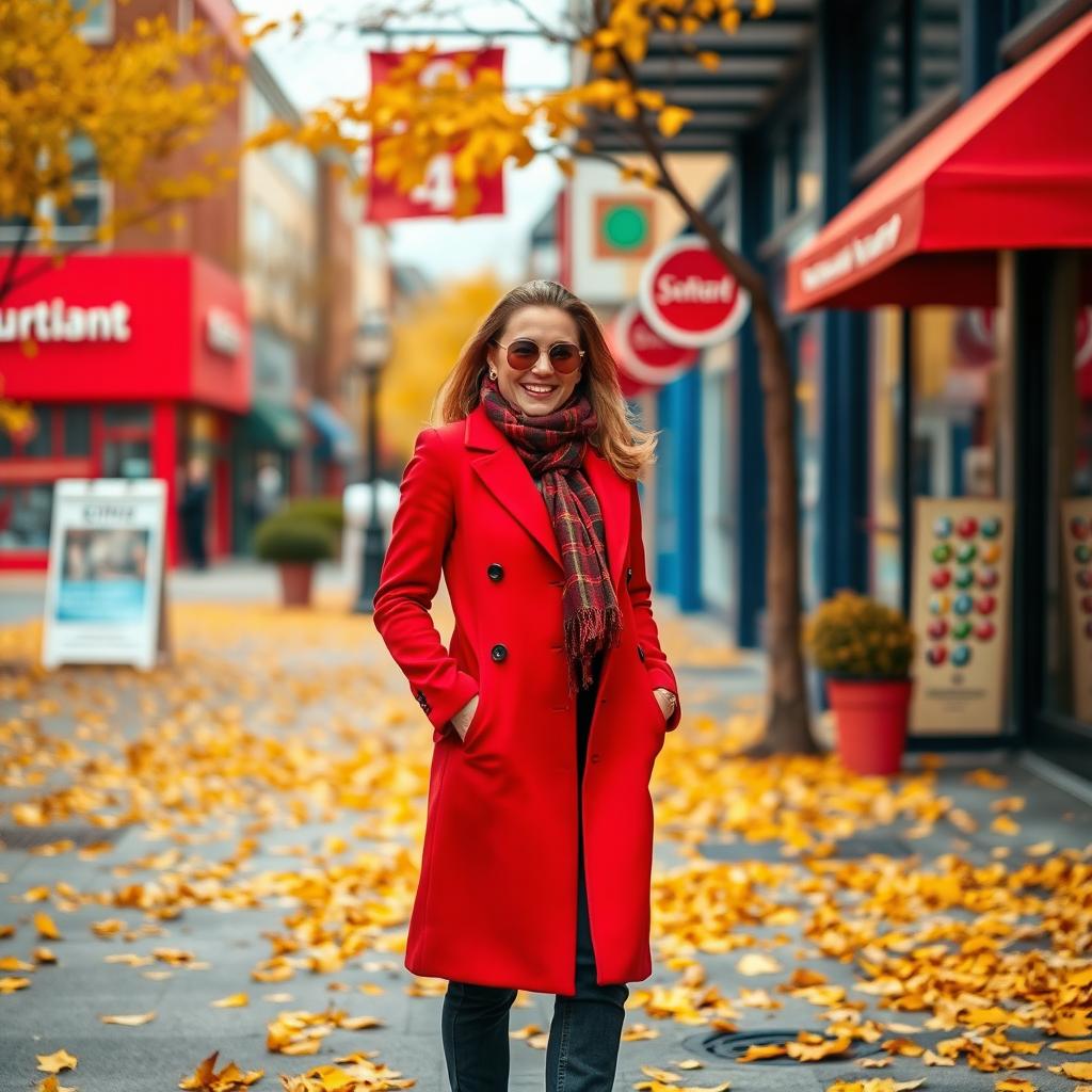 A stylish adult standing confidently in an elegant red coat, captured in a vibrant cityscape during autumn