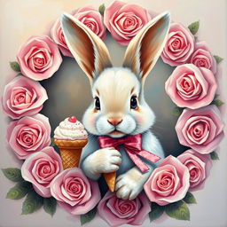 A beautiful, cute small bunny in a front corner with a pink bow ribbon around its neck