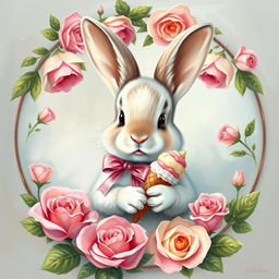 A beautiful, cute small bunny in a front corner with a pink bow ribbon around its neck