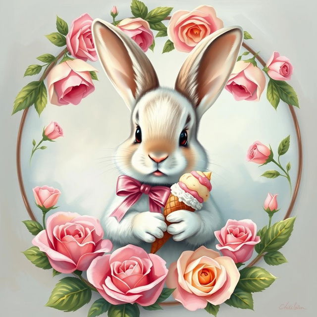 A beautiful, cute small bunny in a front corner with a pink bow ribbon around its neck