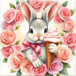 A beautiful, cute small bunny in a front corner with a pink bow ribbon around its neck