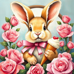 A beautiful, cute small bunny in a front corner with a pink bow ribbon around its neck