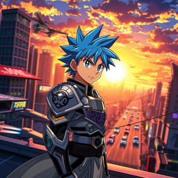 A vibrant and dynamic anime scene featuring a heroic character with spiky blue hair and a determined expression, wearing a futuristic armor adorned with intricate designs