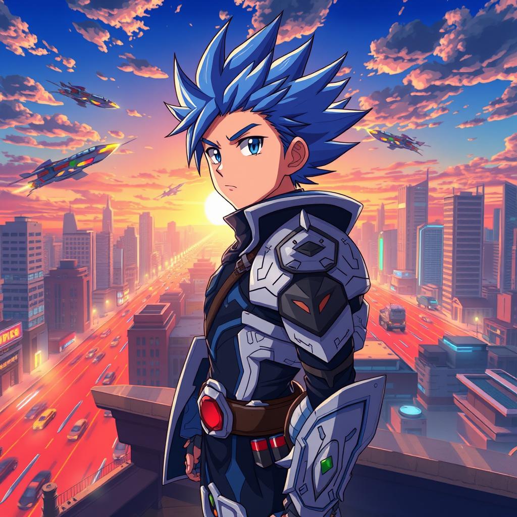 A vibrant and dynamic anime scene featuring a heroic character with spiky blue hair and a determined expression, wearing a futuristic armor adorned with intricate designs