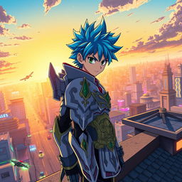 A vibrant and dynamic anime scene featuring a heroic character with spiky blue hair and a determined expression, wearing a futuristic armor adorned with intricate designs