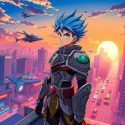 A vibrant and dynamic anime scene featuring a heroic character with spiky blue hair and a determined expression, wearing a futuristic armor adorned with intricate designs