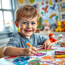 A heartwarming scene of a young boy with Down syndrome happily drawing at a colorful art table