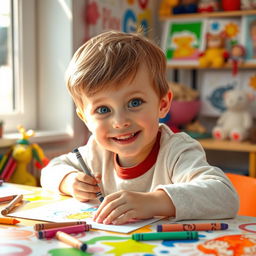 A heartwarming scene of a young boy with Down syndrome happily drawing at a colorful art table