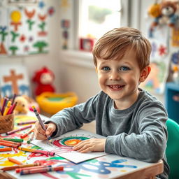 A heartwarming scene of a young boy with Down syndrome happily drawing at a colorful art table
