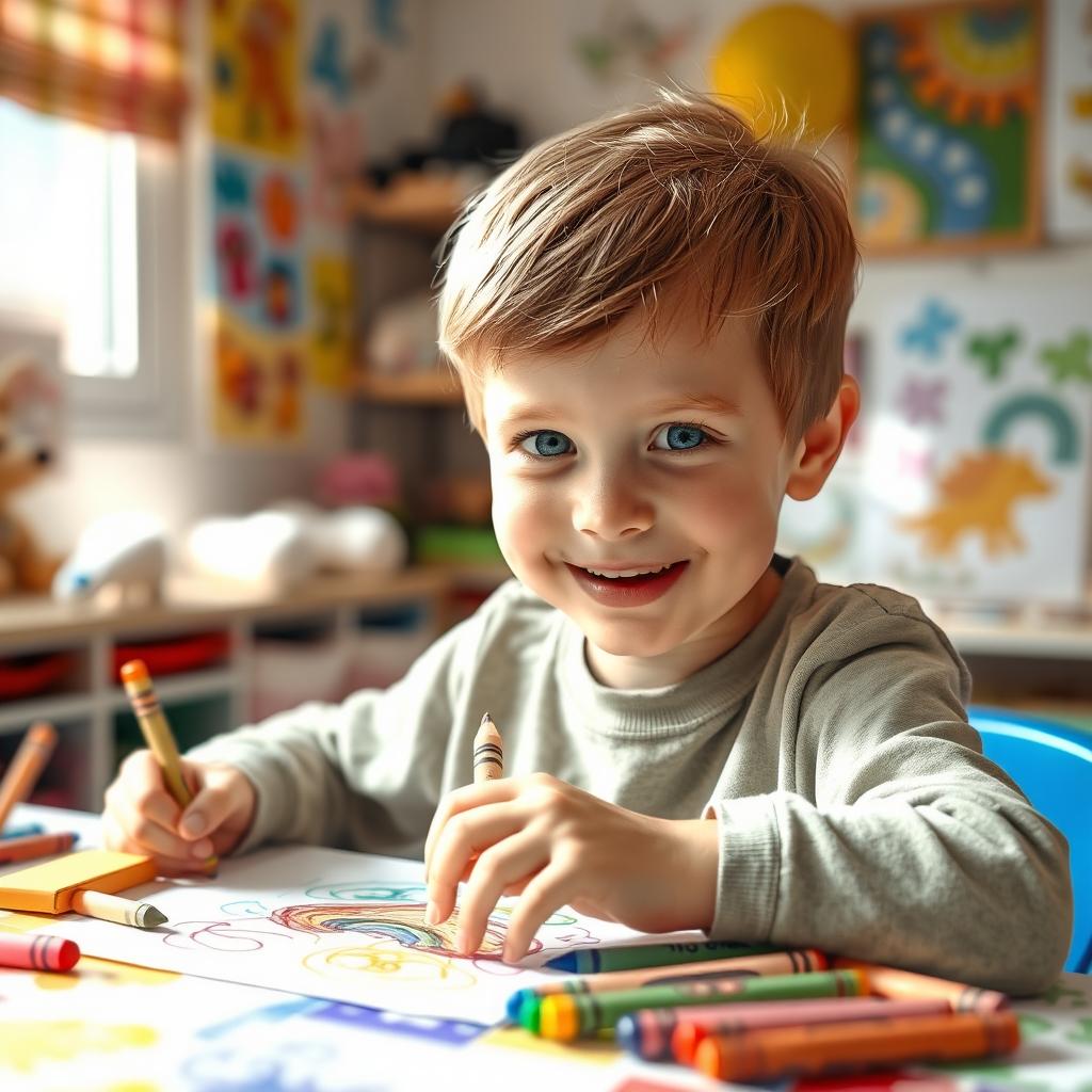 A heartwarming scene of a young boy with Down syndrome happily drawing at a colorful art table