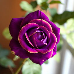 A stunning, intense violet rose with vibrant yellow edges, showcasing its exquisite petals and intricate details