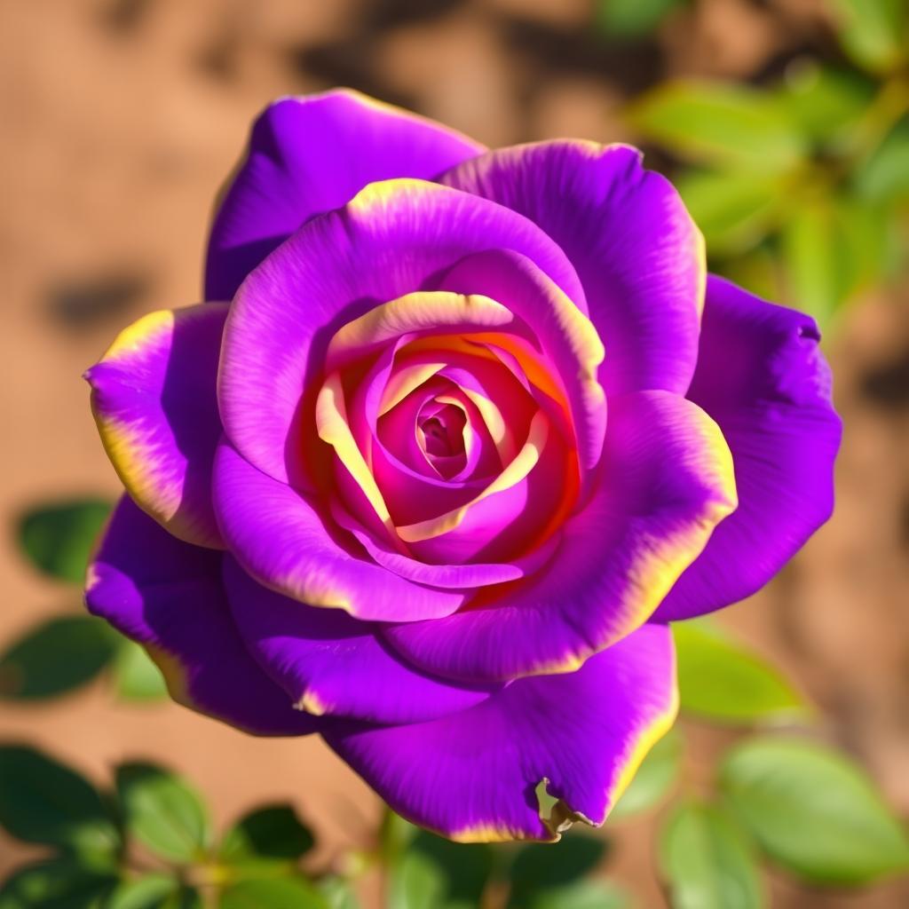 A stunning, intense violet rose with vibrant yellow edges, showcasing its exquisite petals and intricate details