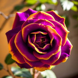A stunning, intense violet rose with vibrant yellow edges, showcasing its exquisite petals and intricate details