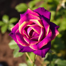 A stunning, intense violet rose with vibrant yellow edges, showcasing its exquisite petals and intricate details