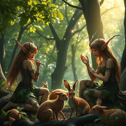 A serene woodland scene featuring elegant wood elves with pointed ears and intricate, ornate clothing made from leaves and vines