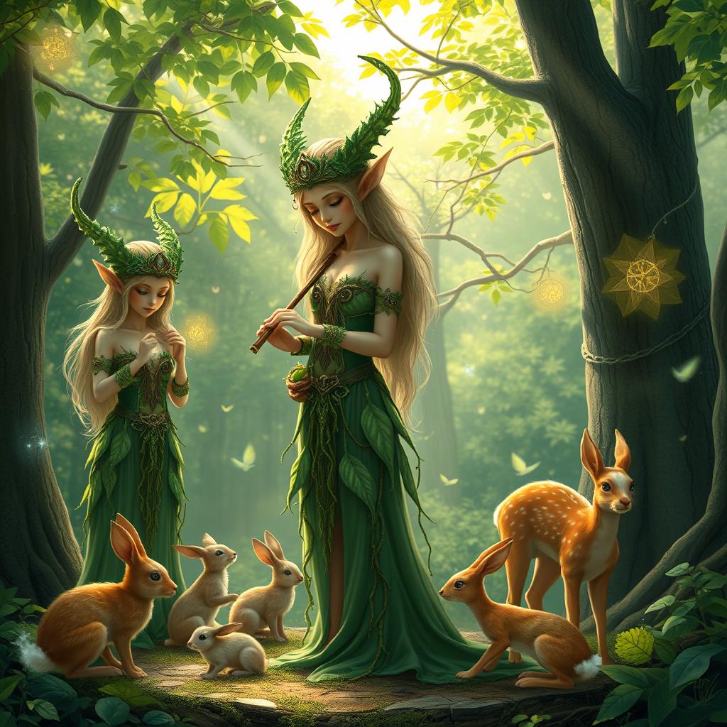 A serene woodland scene featuring elegant wood elves with pointed ears and intricate, ornate clothing made from leaves and vines