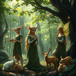A serene woodland scene featuring elegant wood elves with pointed ears and intricate, ornate clothing made from leaves and vines