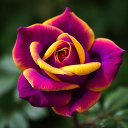 A beautiful, intense violet rose with vibrant yellow edges, showcasing the rich colors in all their splendor