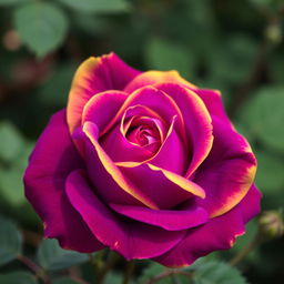 A beautiful, intense violet rose with vibrant yellow edges, showcasing the rich colors in all their splendor
