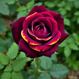 A stunning dark violet rose with vibrant yellow edges, showcasing intricate petal details and a lush, green background