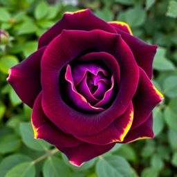 A stunning dark violet rose with vibrant yellow edges, showcasing intricate petal details and a lush, green background
