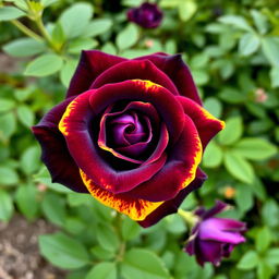 A stunning dark violet rose with vibrant yellow edges, showcasing intricate petal details and a lush, green background