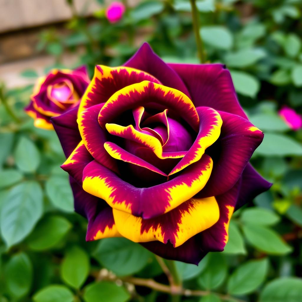 A stunning dark violet rose with vibrant yellow edges, showcasing intricate petal details and a lush, green background