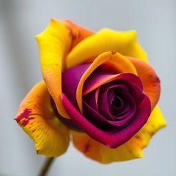 A beautiful dark violet rose with stunning yellow-edged petals, intricately detailed and vibrant in color