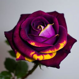 A beautiful dark violet rose with stunning yellow-edged petals, intricately detailed and vibrant in color